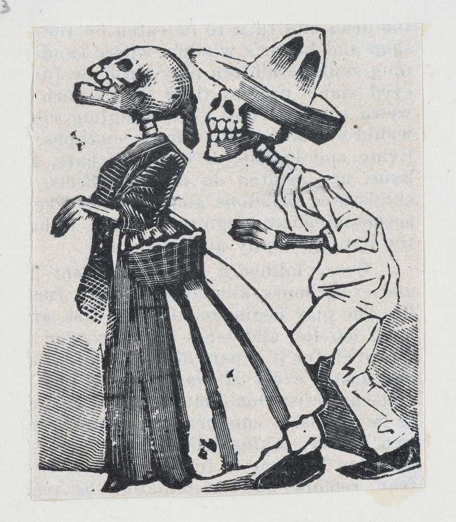 Esqueleto masculino caminando detrás de un esqueleto femenino, José Guadalupe Posada, c. 1894 (The Met)